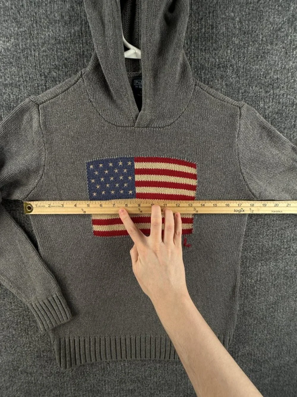 Polo Ralph Lauren USA Flag Hooded Sweater Graphic Large 14-16 Gray Preppy Boys